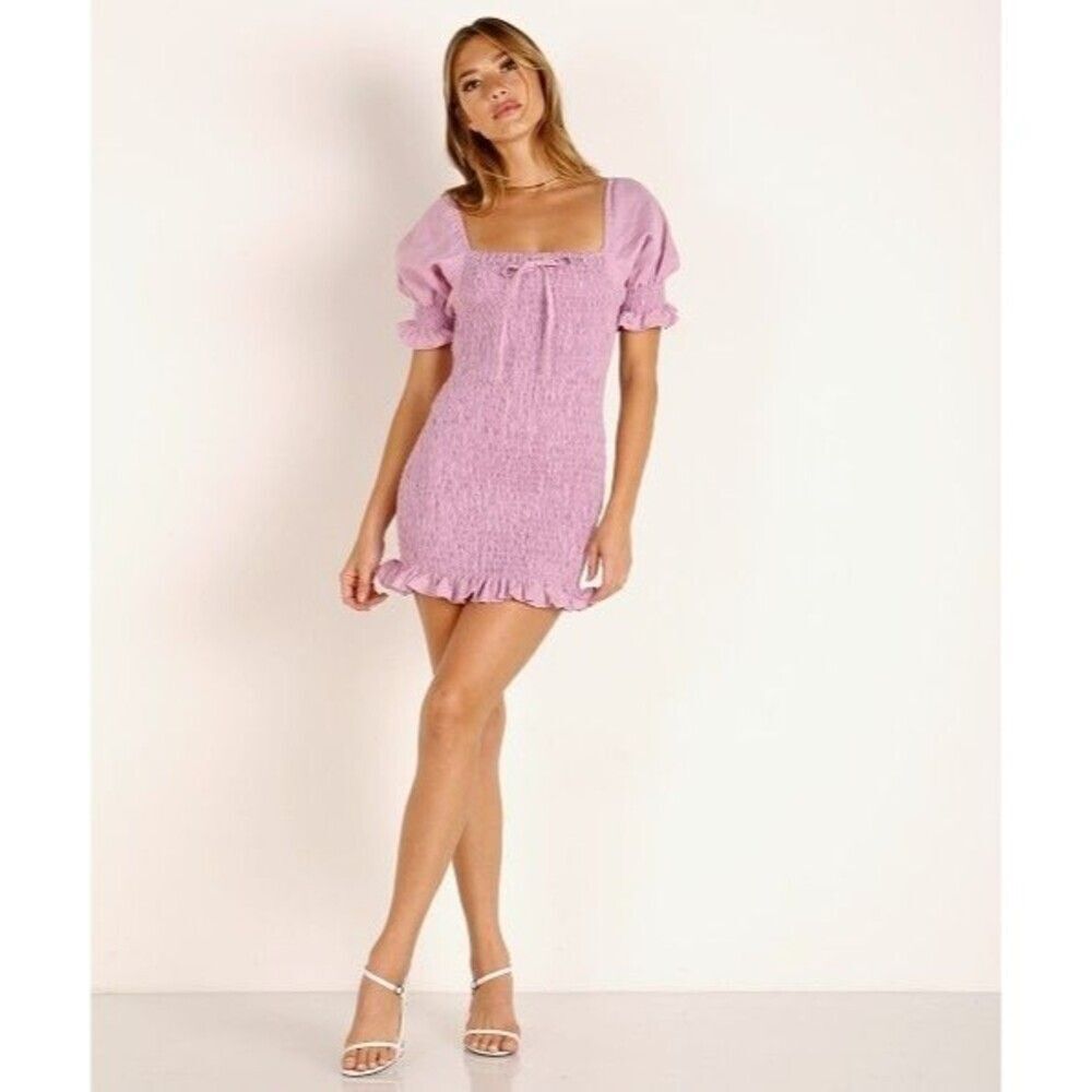 Faithful the Brand Annibelis Linen Mini Dress‎ Lilac Puff Sleeves Size Small